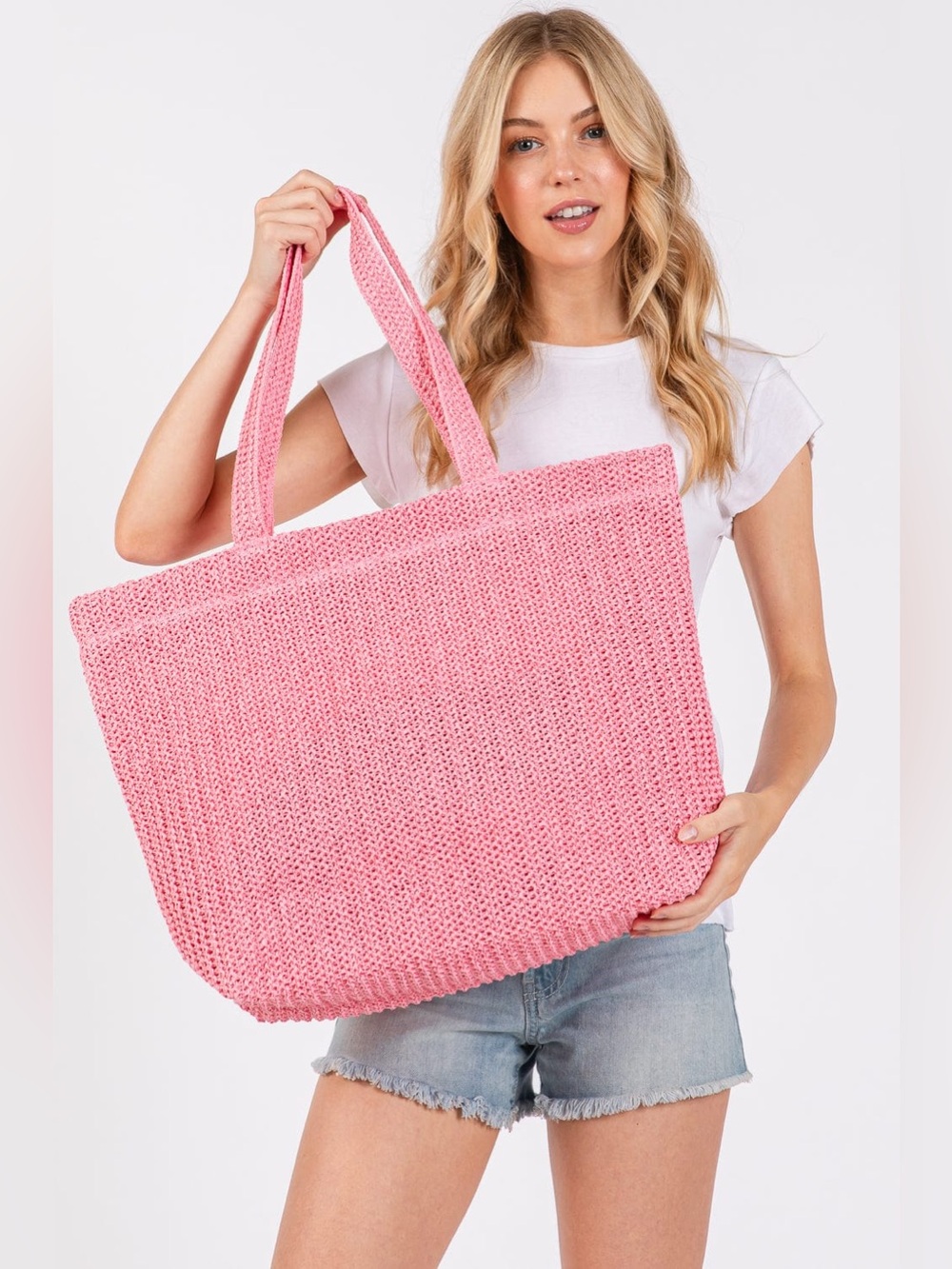 Large Pink Straw Tote Bag with Zipper